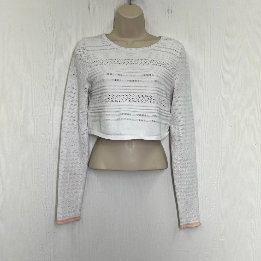 Free People - White Open Fun Design Long Sleeve Trimmed Pink Crop Top Medium